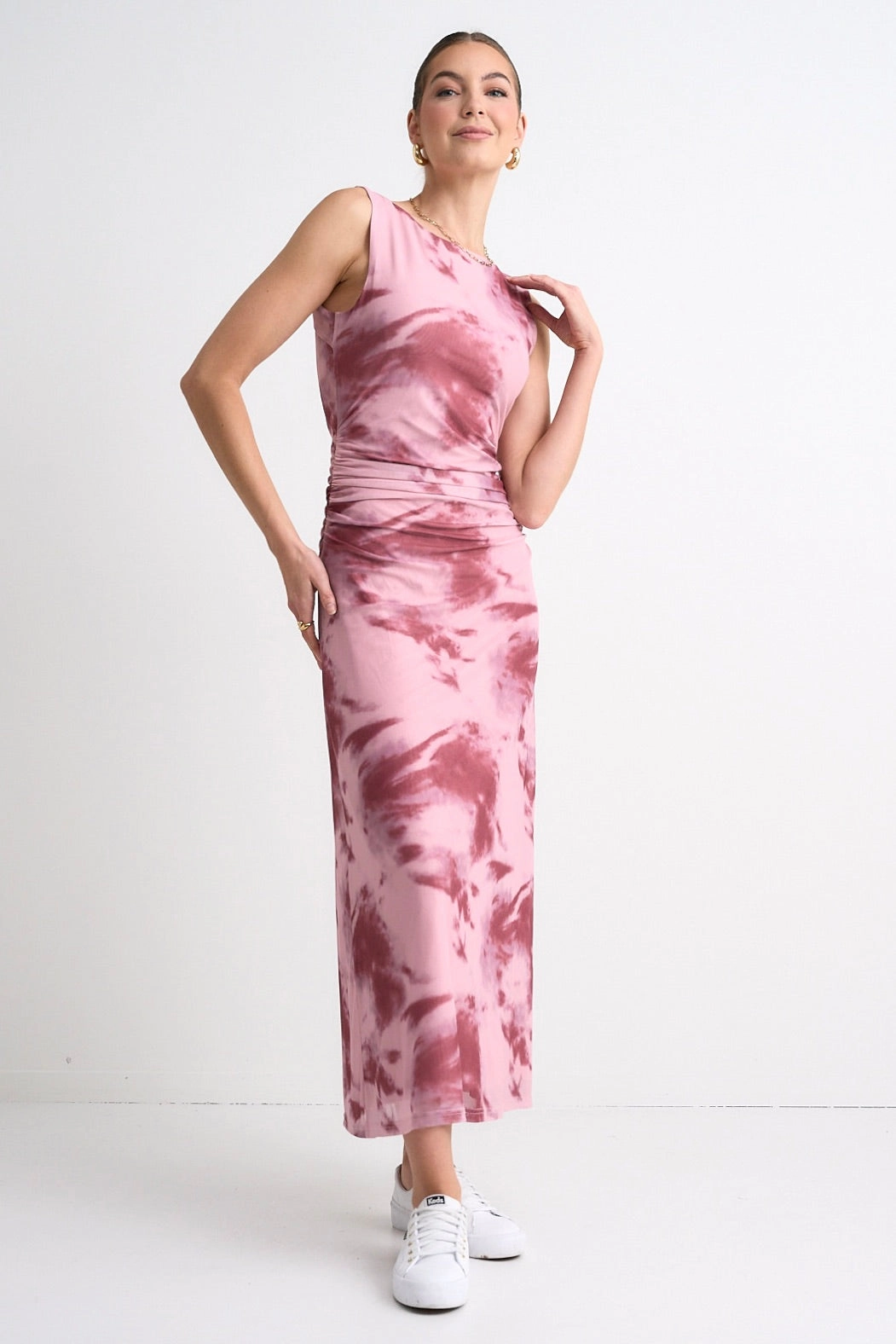 Easy Comfort Fast Pink Smudge Mesh Boat Neck Sleeveless Maxi Dress