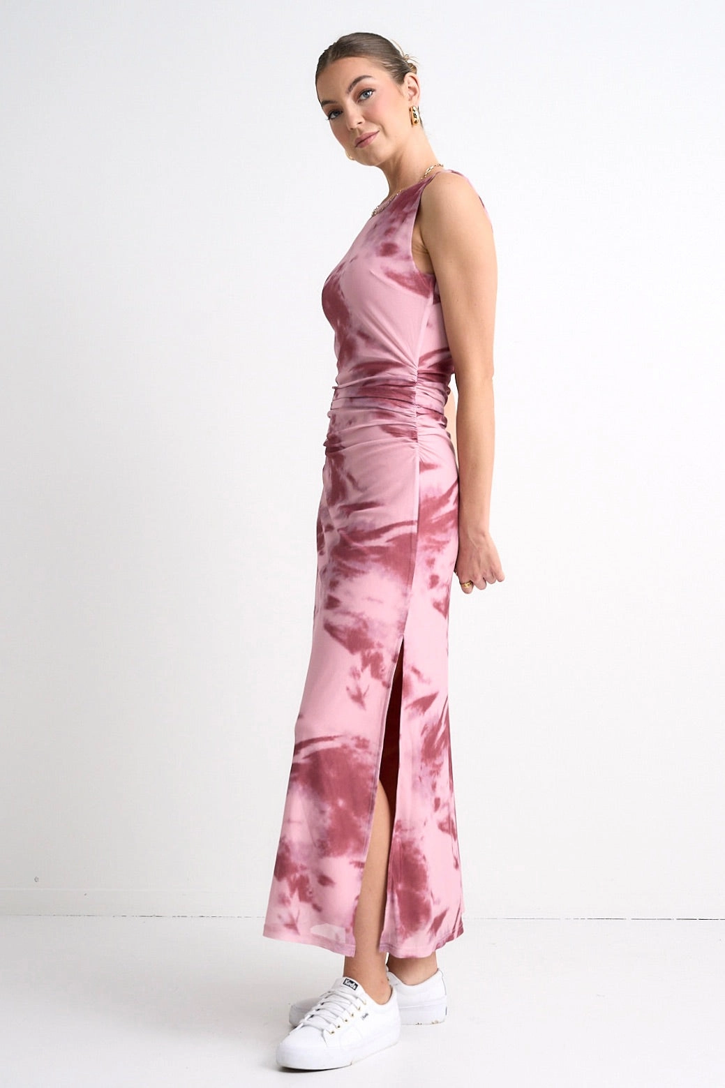 Fast Pink Smudge Mesh Boat Neck Sleeveless Maxi Dress Event Favorite
