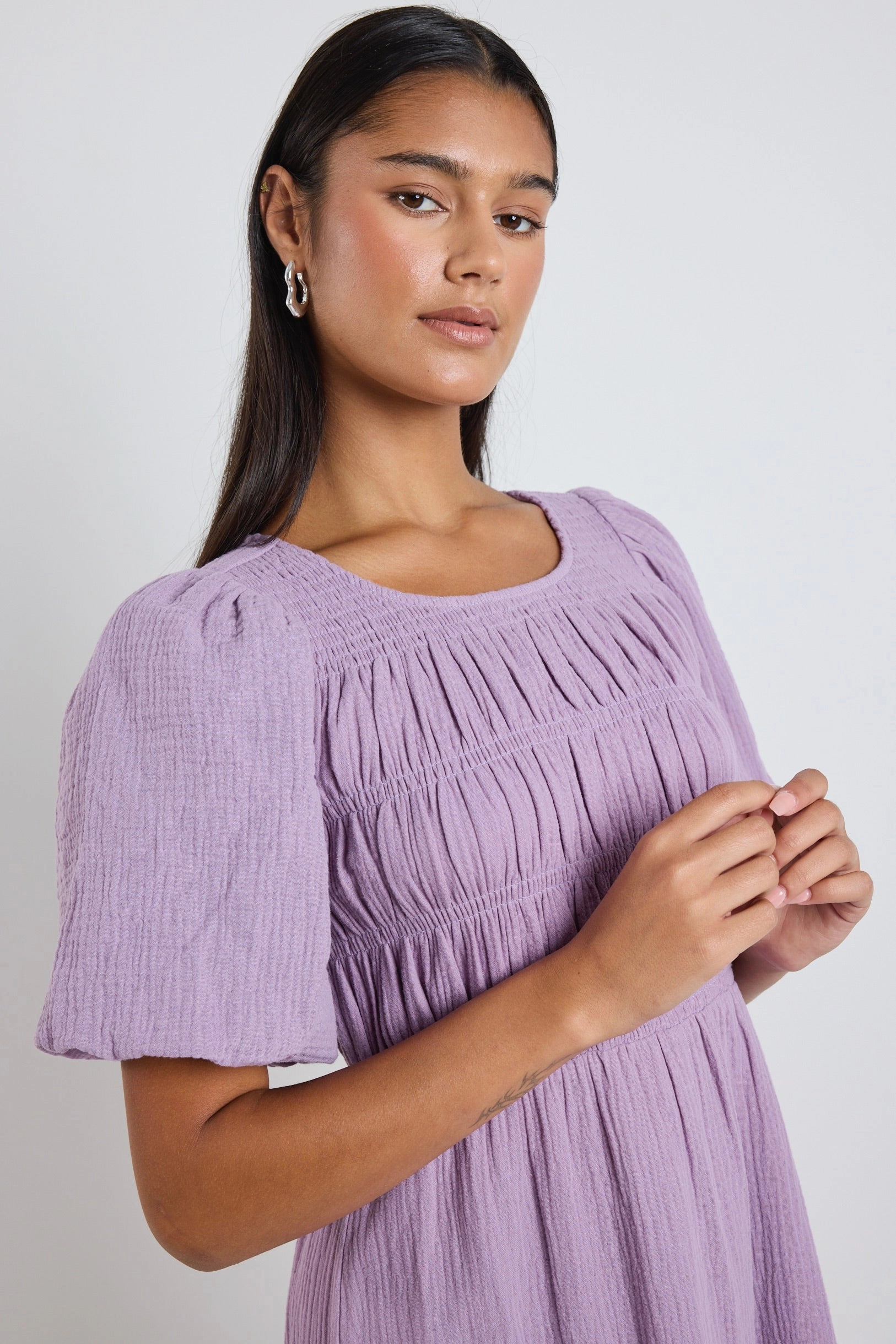 Milano Dusty Lilac Short Sleeve Tiered Maxi Dress Scoop-Neck Classic wrap dress