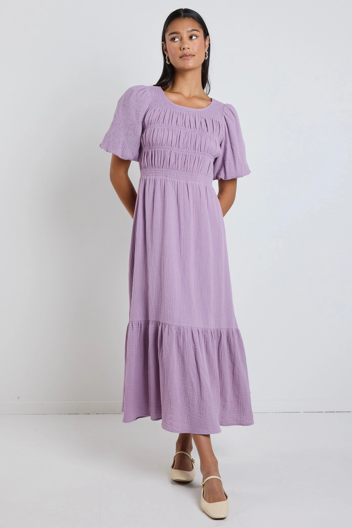 Milano Dusty Lilac Short Sleeve Tiered Maxi Dress Trendy Look