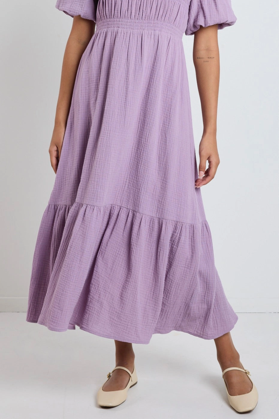 Milano Dusty Lilac Short Sleeve Tiered Maxi Dress Luxe Comfort