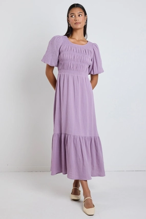 Milano Dusty Lilac Short Sleeve Tiered Maxi Dress Trendy Look