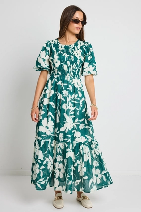 Milano Forest Floral Puff Sleeve Tiered Maxi Dress Inner lining Smart and Stylish