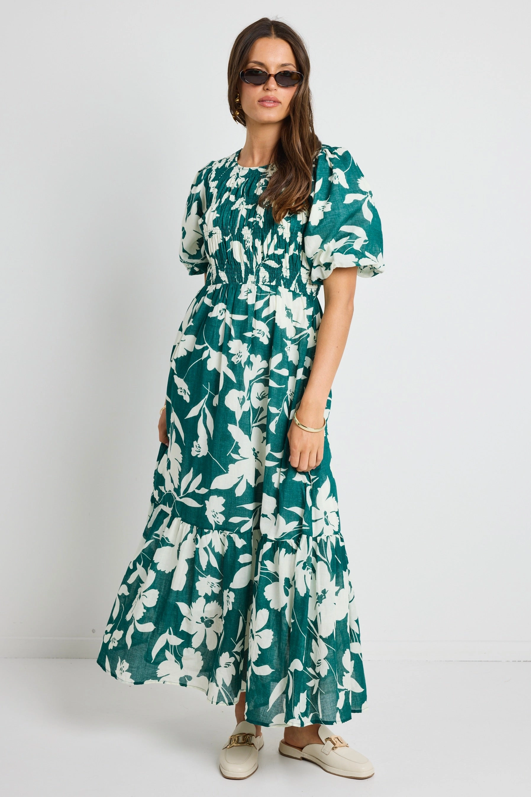 Milano Forest Floral Puff Sleeve Tiered Maxi Dress Boho Mood