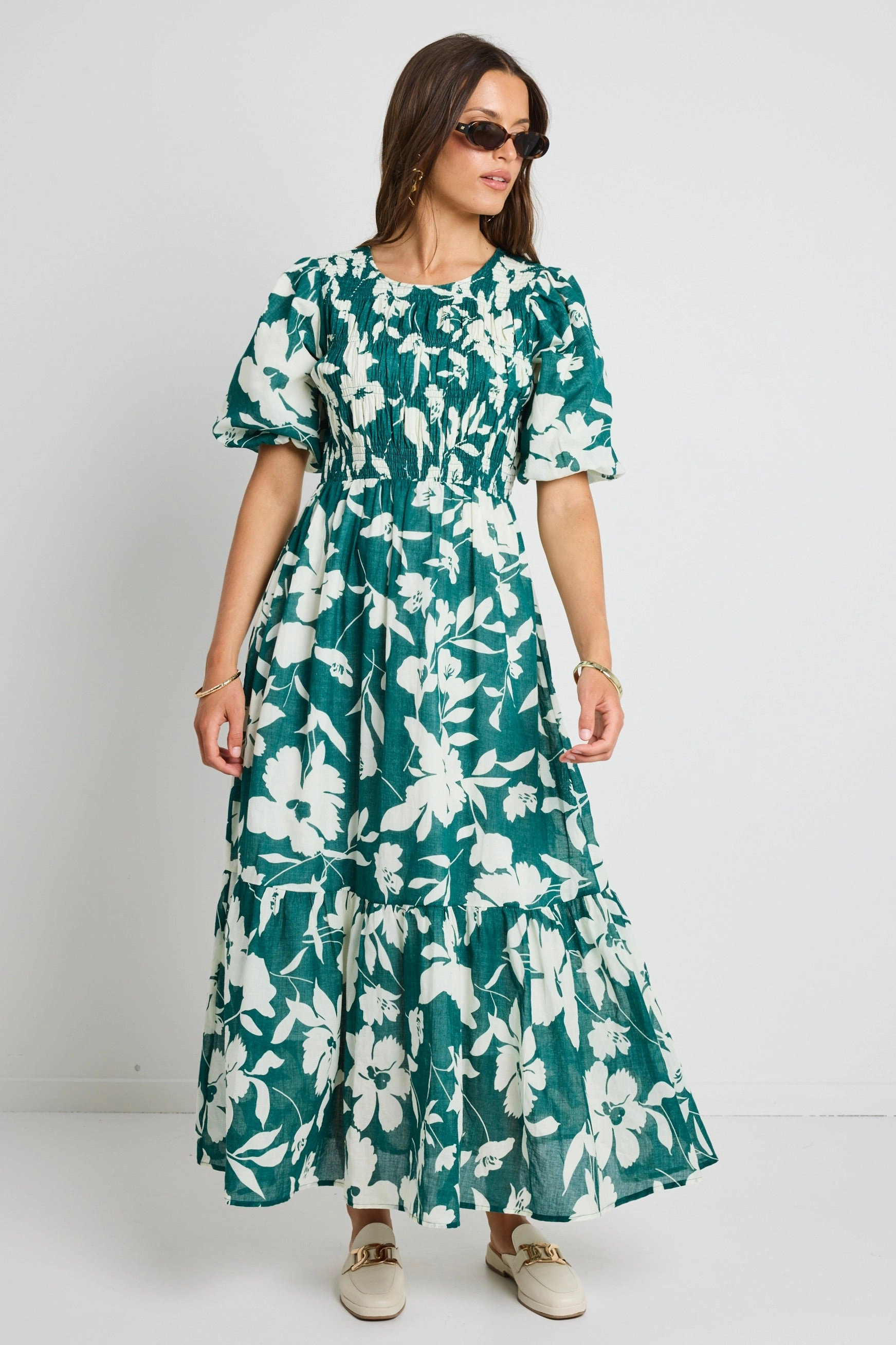 Milano Forest Floral Puff Sleeve Tiered Maxi Dress Inner lining Smart and Stylish