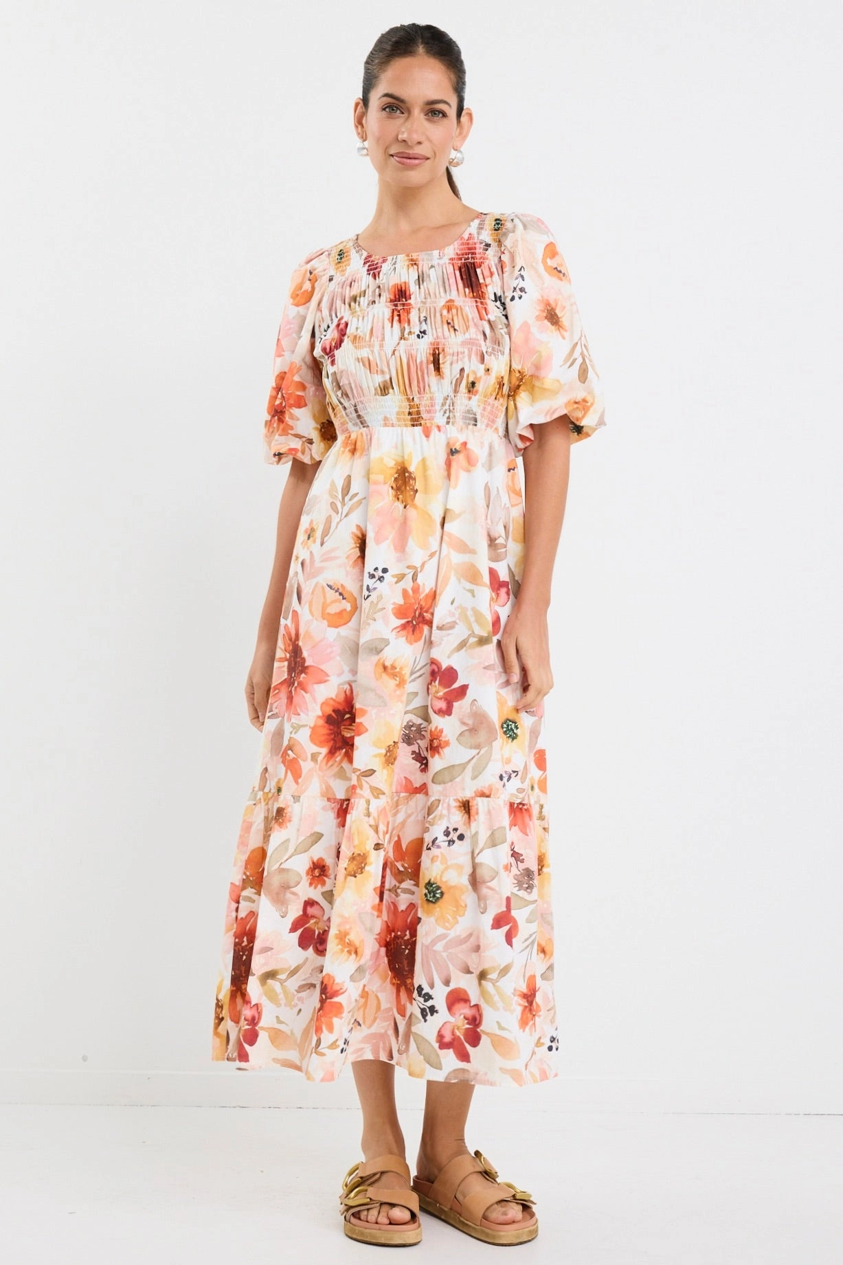Milano Sunrise Meadow Short Sleeve Tiered Maxi Dress Soft Detail