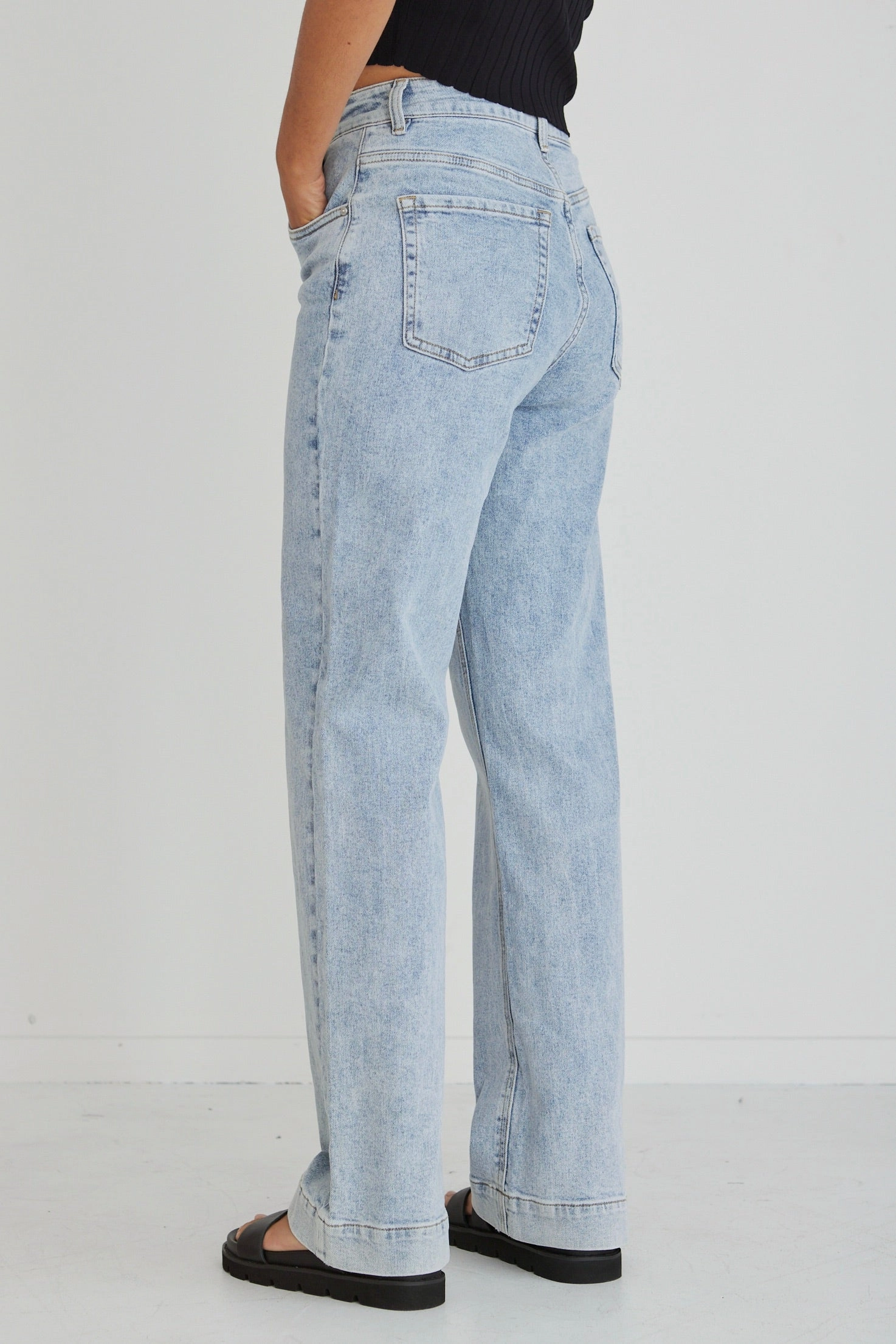 Outdoor Friendly Layered Look Milly Pale Blue High Waist Wide Leg Jean
