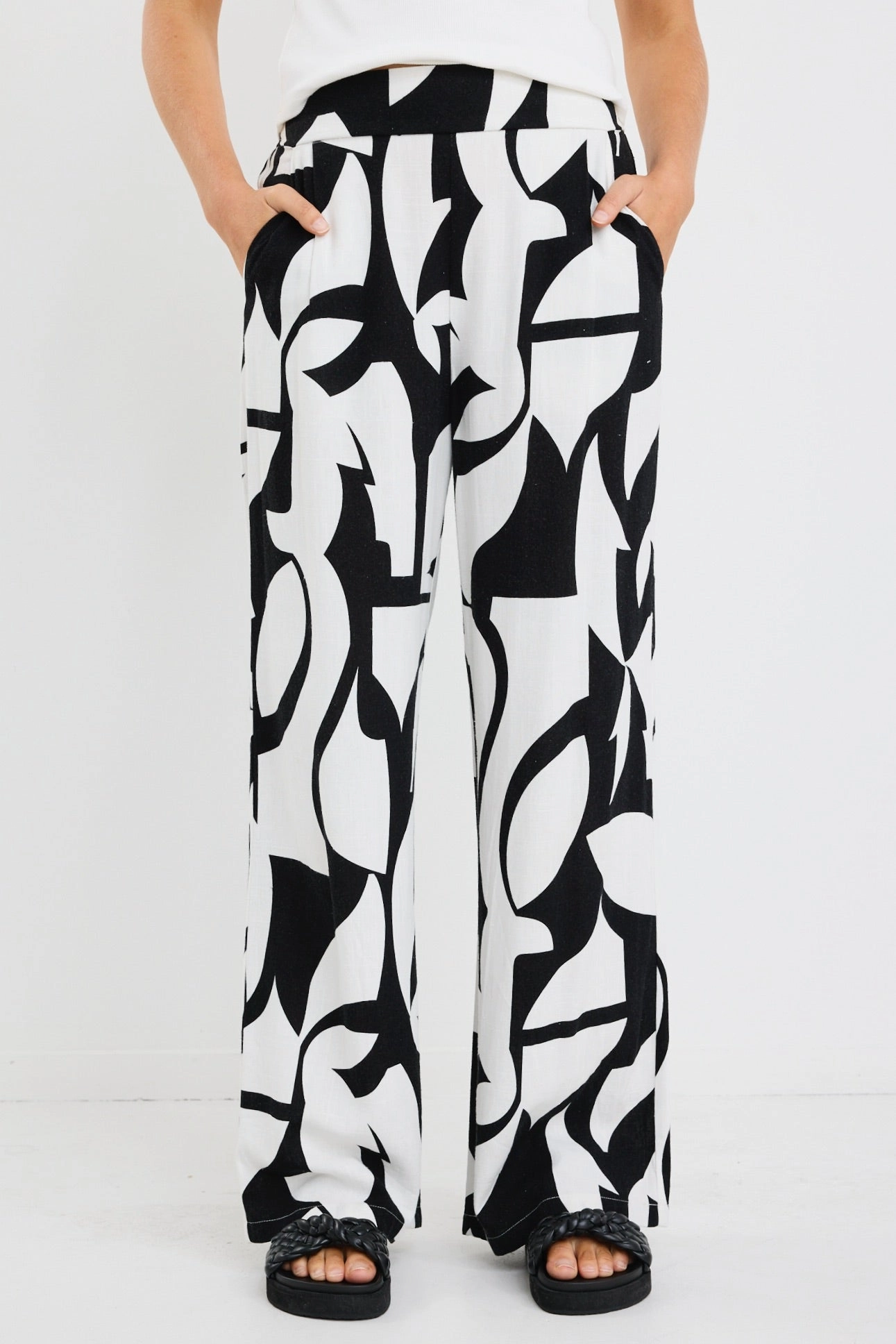 Core Basic Metropolitan Black Ivory Cutout Print Wide Leg Pants