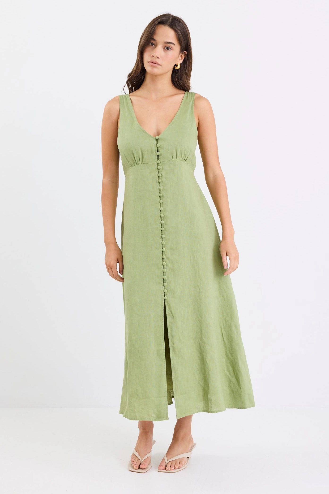 Luxurious Feel Ready Anytime Panama Moss Sleeveless Button Front Midi Dress