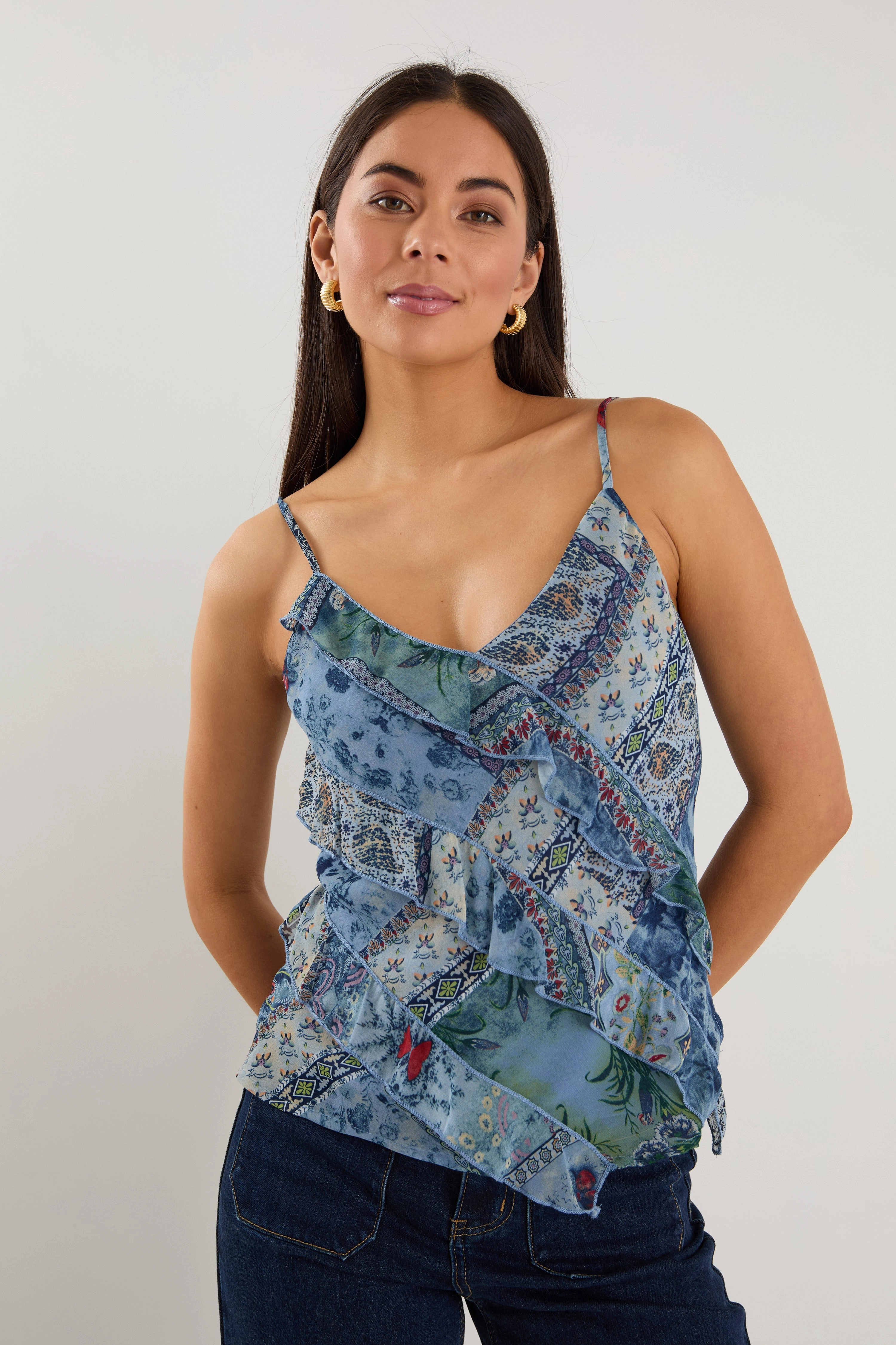 Outgoing Blue Scarf Print Frill Front Cami Top CrossGrain Fabric BreathableMeshInsert