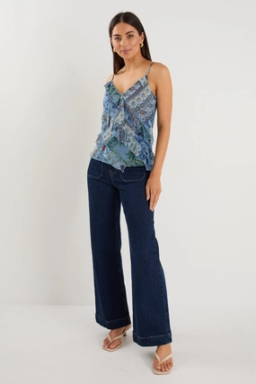 Outgoing Blue Scarf Print Frill Front Cami Top FlexibleSole
