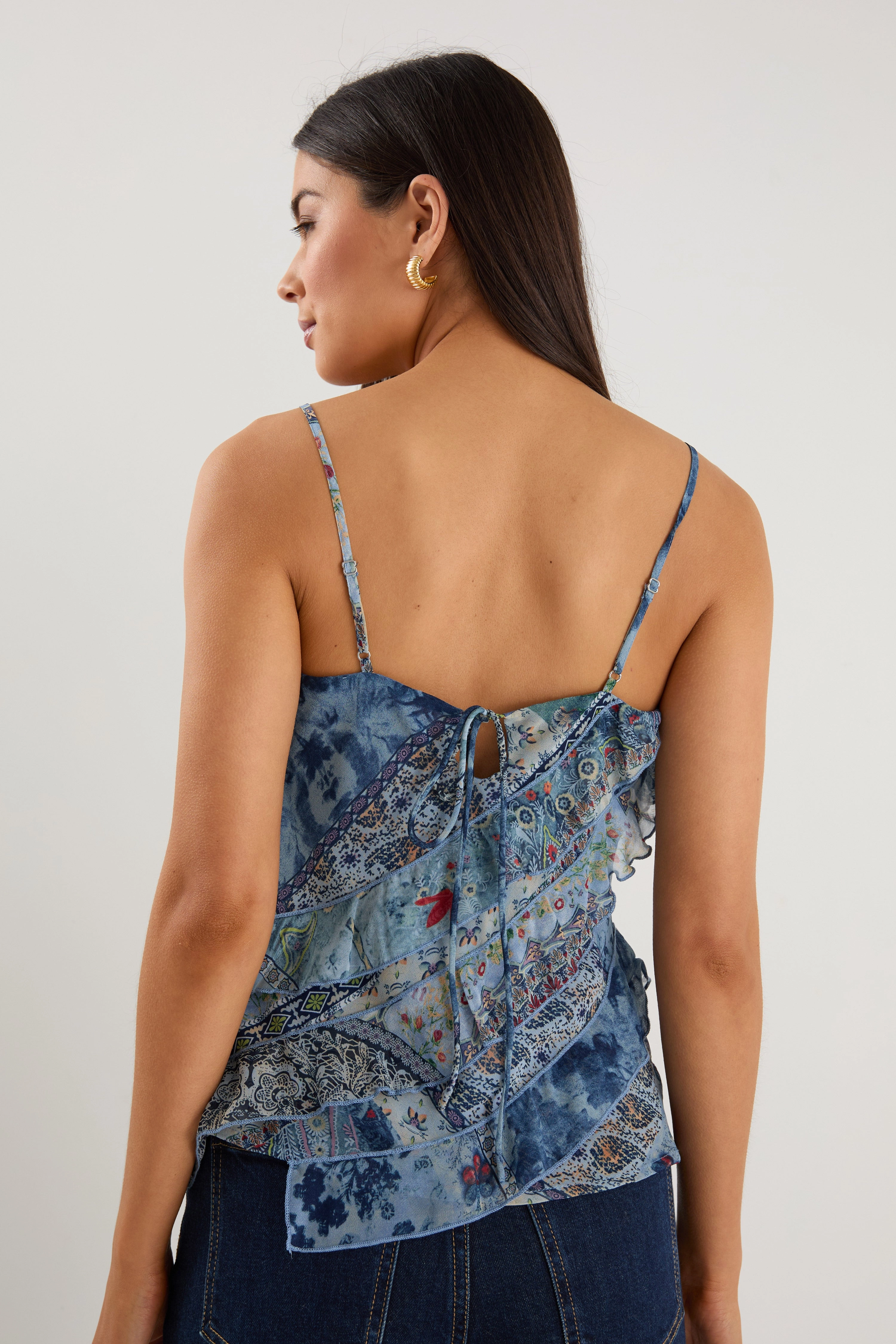 Textured Weave Tagless Comfort Collar Outgoing Blue Scarf Print Frill Front Cami Top