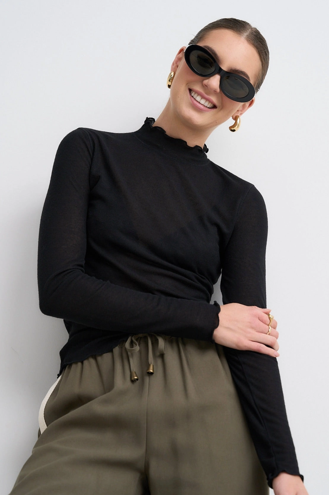 Asher Black LS Lettuce Edge Knit Top SlipResistant