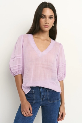 BondedSeams Mesh Panel Details Recall Lilac Ramie Pleat Sleeve Crew Top