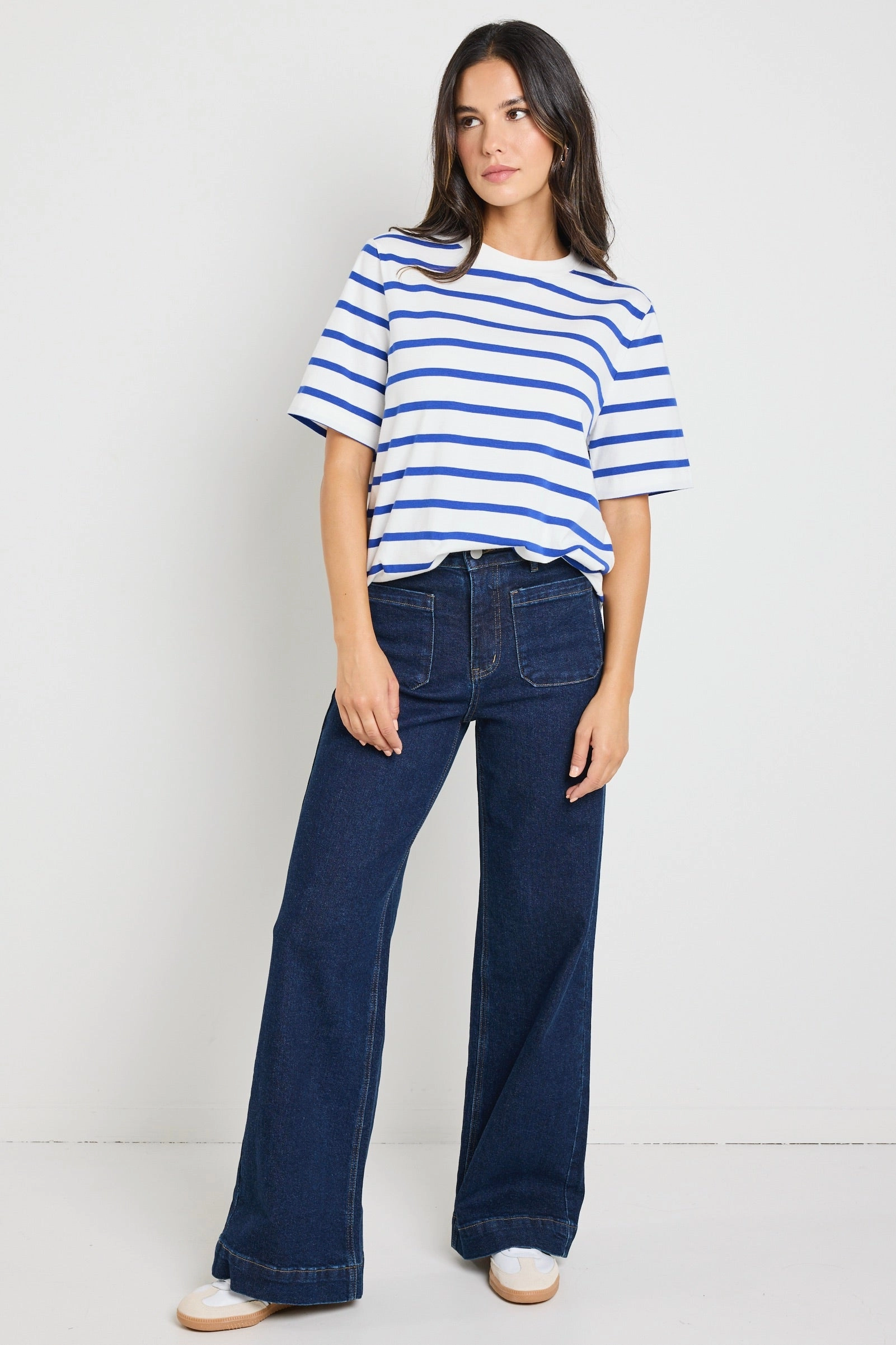 Binding Blue White Stripe Boxy Fit Tee Self Fabric Tie Closure Organic Cotton Fiber