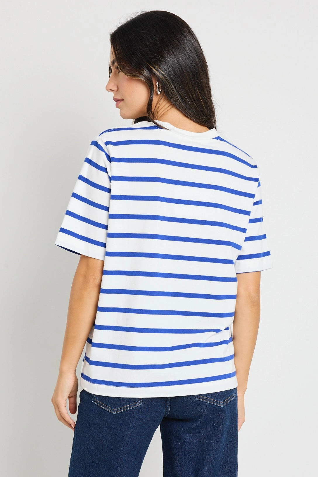 Basic Long Sleeve Flexible Waistband Adaptation Binding Blue White Stripe Boxy Fit Tee