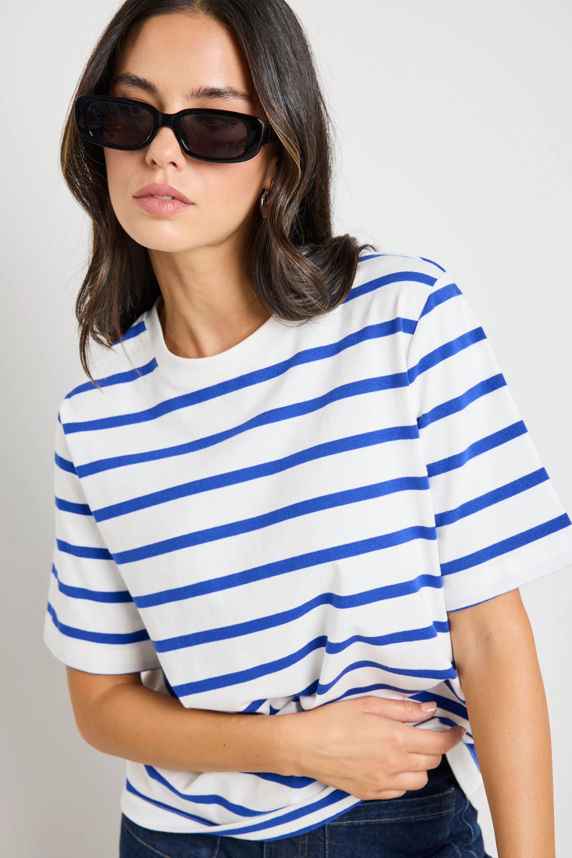 Binding Blue White Stripe Boxy Fit Tee Hydrophobic Surface Treatment TemperatureRegulating Fabric