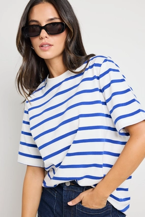 Binding Blue White Stripe Boxy Fit Tee Lightweight Knit SnagResistant Fabric