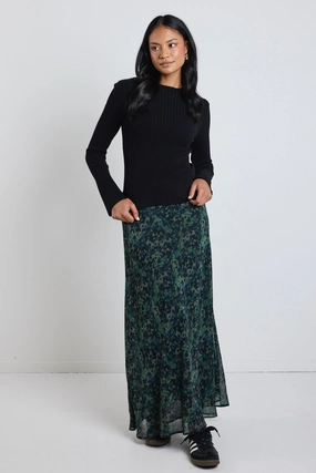 Monument Khaki Ditsy Print Bias Maxi Skirt Adjustable Hem