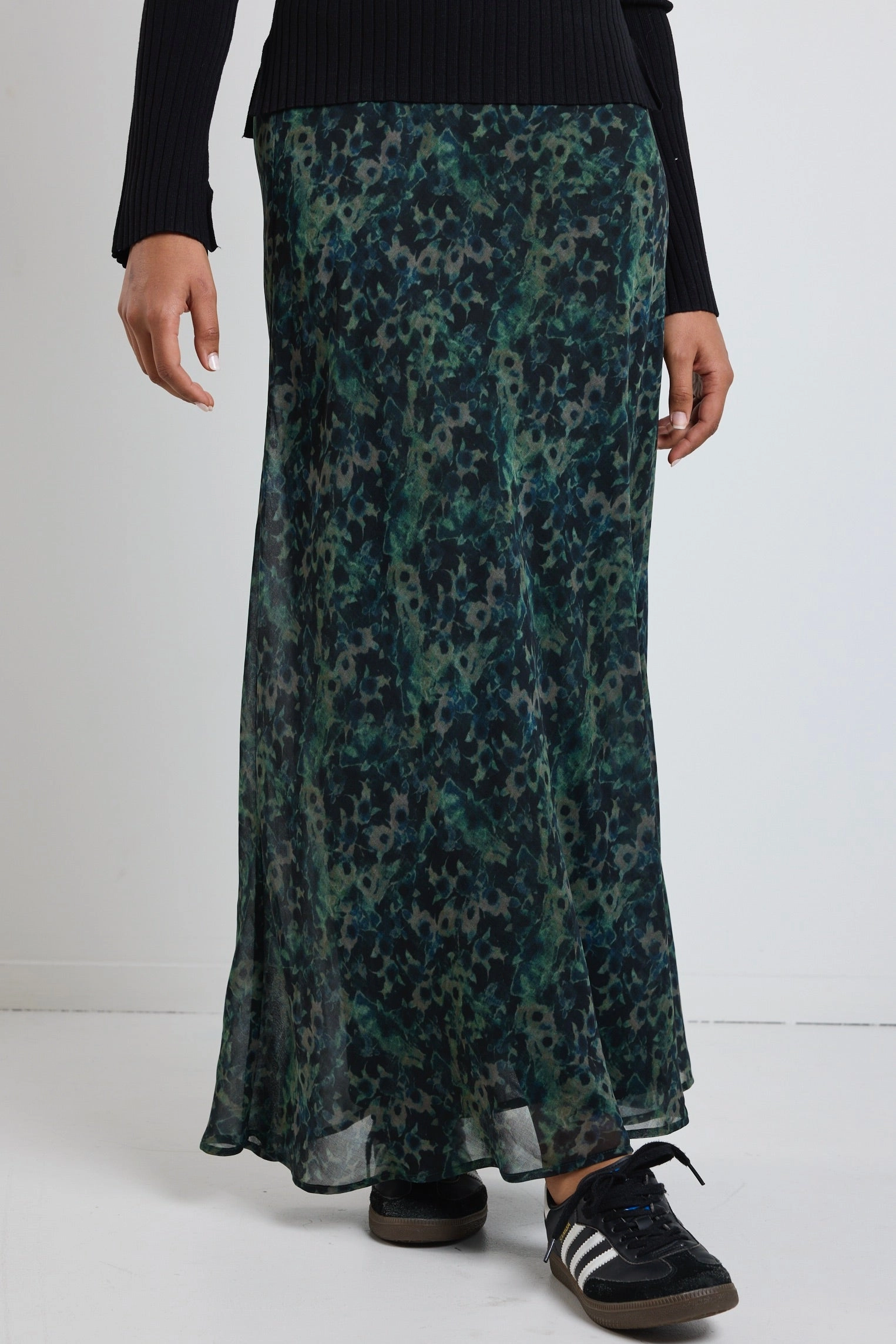 Monument Khaki Ditsy Print Bias Maxi Skirt Front Slit Couture Inspired