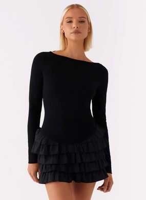 All-season Moon Rising Long Sleeve Mini Dress - Black