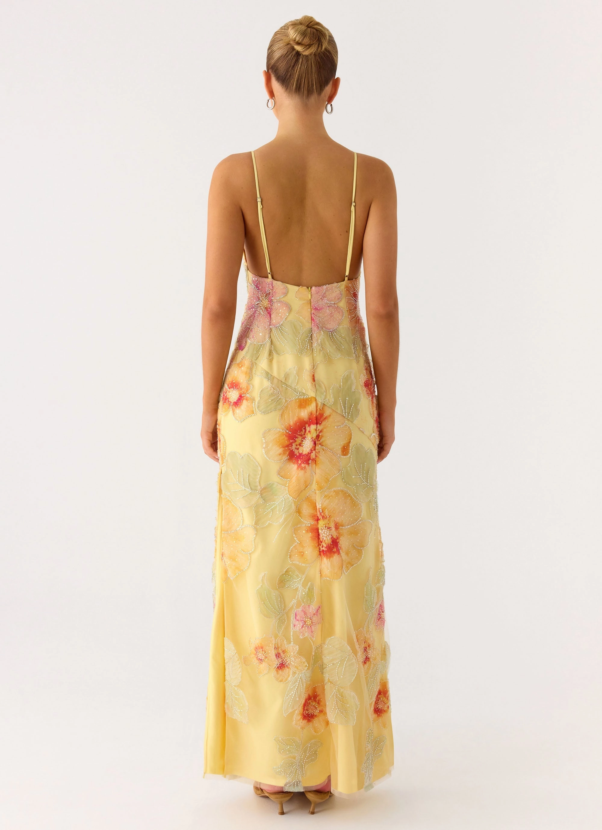 Versatile Design Feminine Cut Morning Light Beaded Maxi Dress - Yellow Floral Beaded