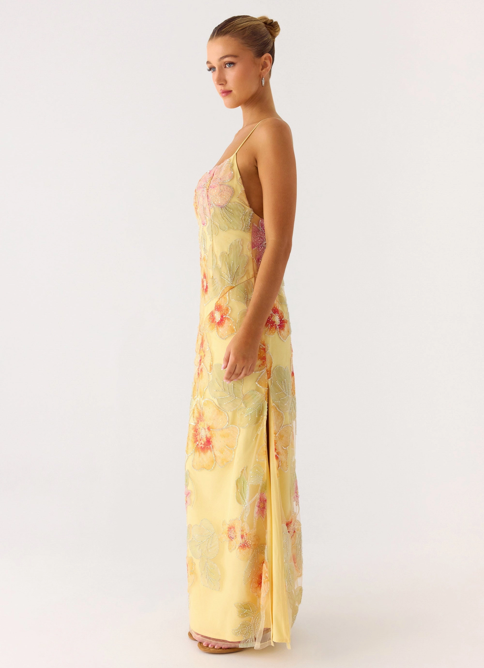 Morning Light Beaded Maxi Dress - Yellow Floral Beaded Morning Glow