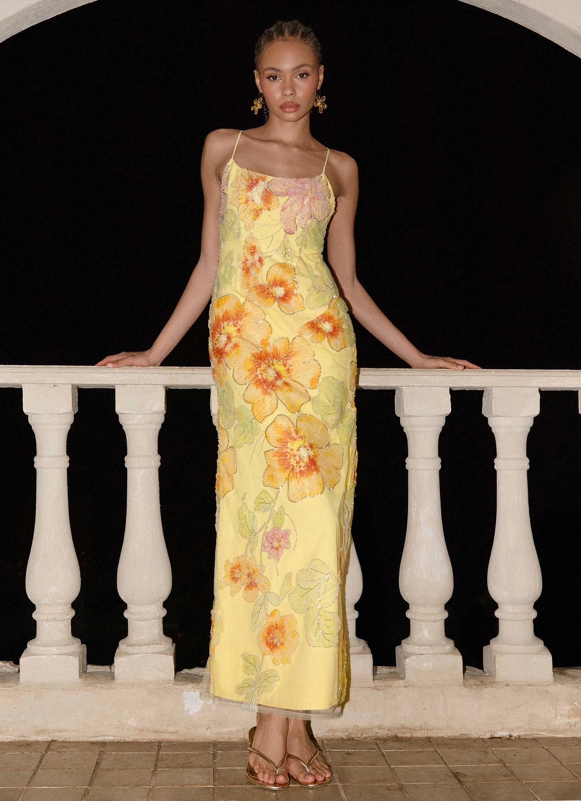 Morning Light Beaded Maxi Dress - Yellow Floral Beaded Structured Fit