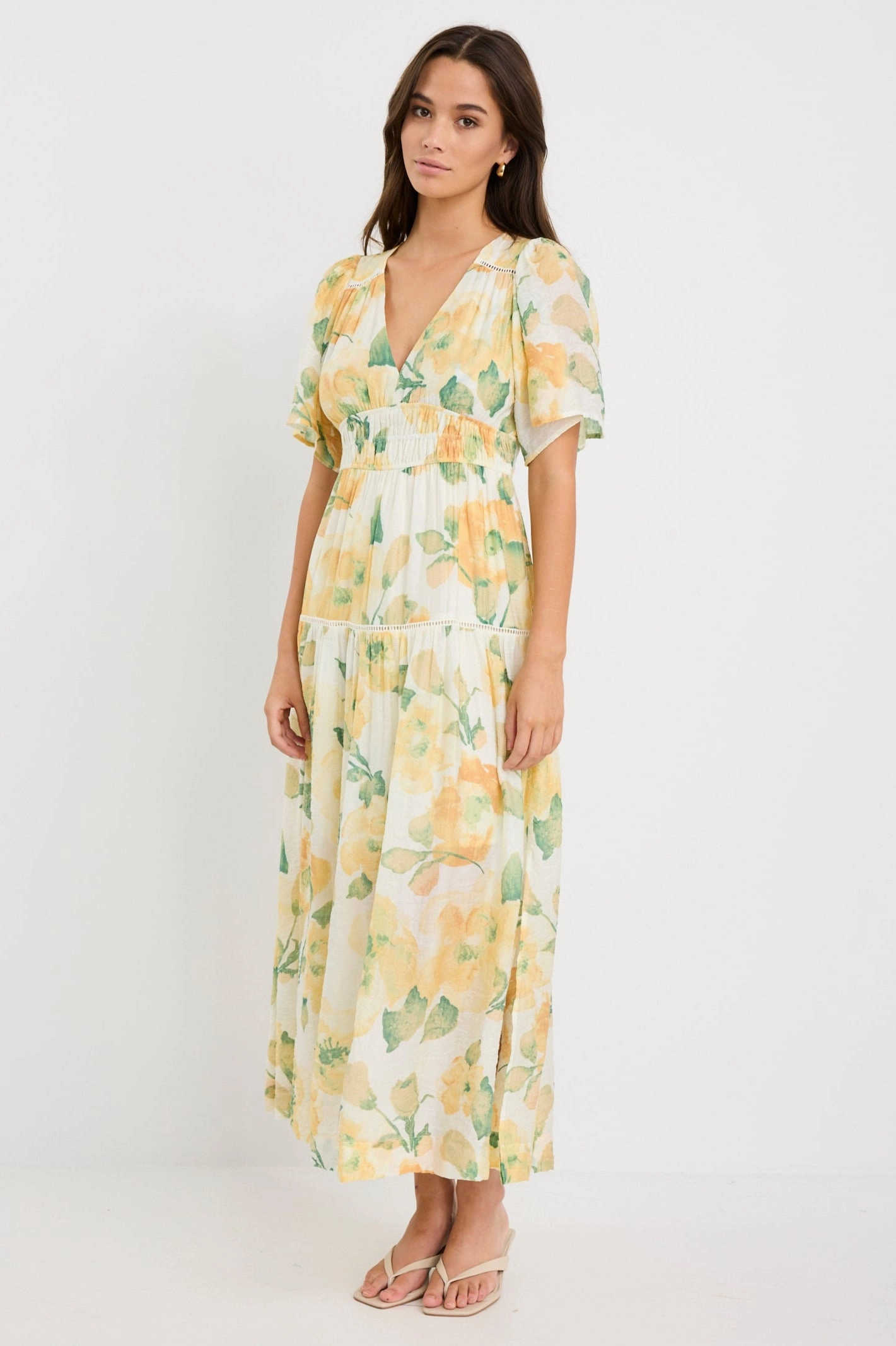 Light Fit QuickDryTechnology Fluent Honey Floral Crinkle Fabric Flutter Sleeve Maxi Dress