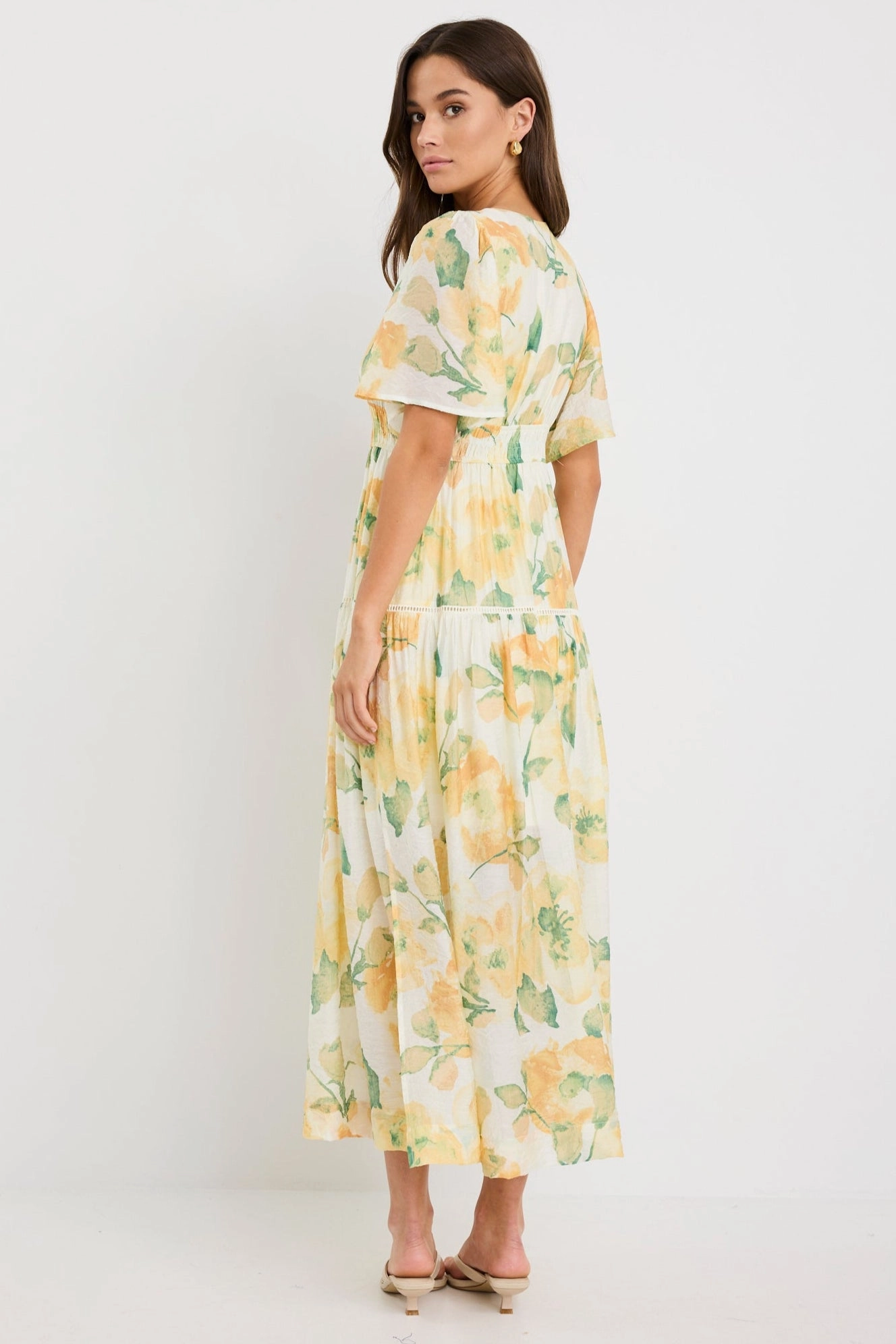 Fluent Honey Floral Crinkle Fabric Flutter Sleeve Maxi Dress Vibrant Layer Cool Fabric