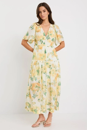 Fluent Honey Floral Crinkle Fabric Flutter Sleeve Maxi Dress Morning Wear Lace Soft