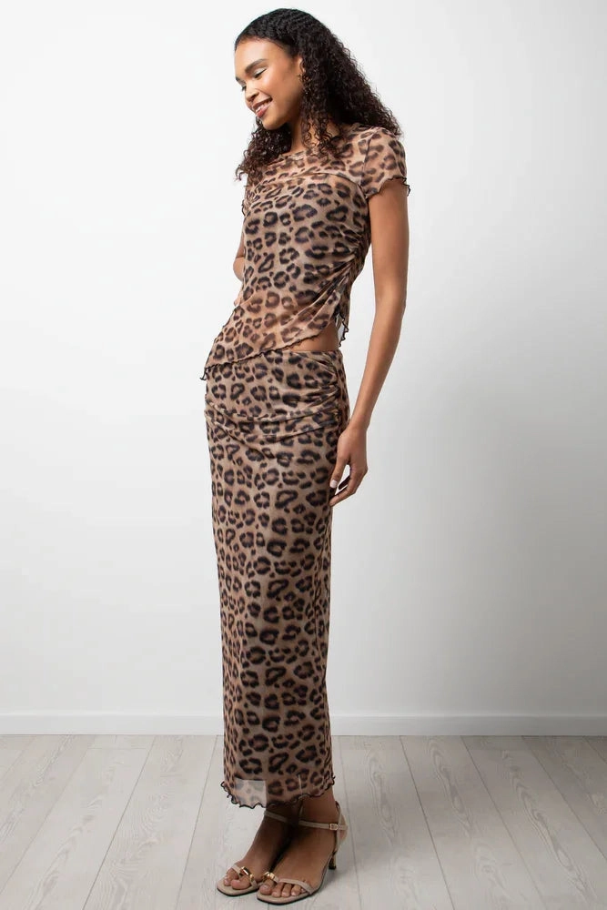 RecycledPolyesterBlend FrenchTerryTexture Short Sleeve Animal Print Mesh Top Brown