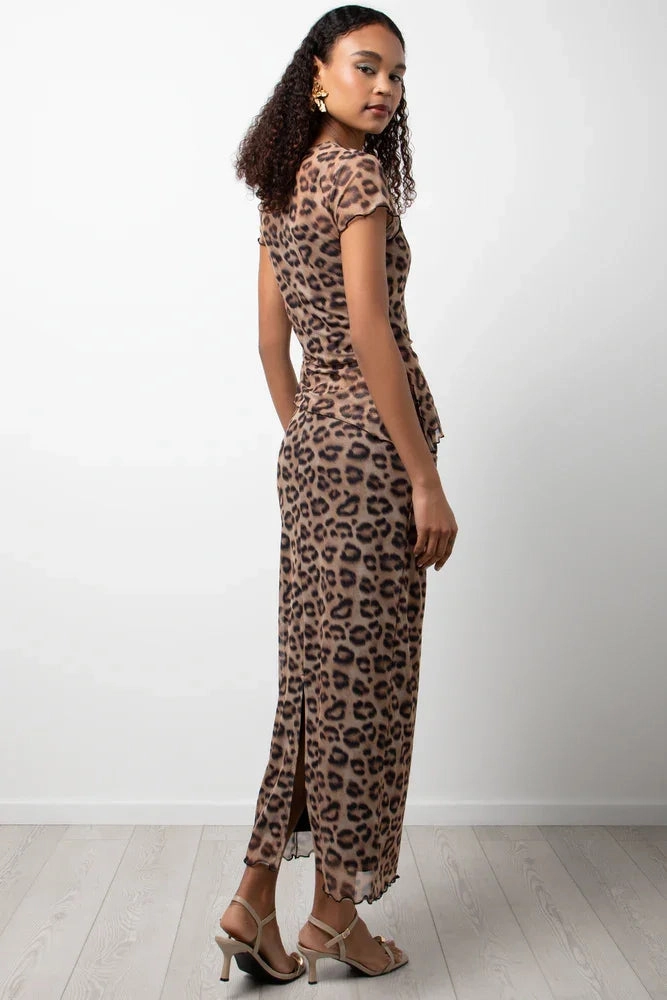 Short Sleeve Animal Print Mesh Top Brown SweatGuard Lining