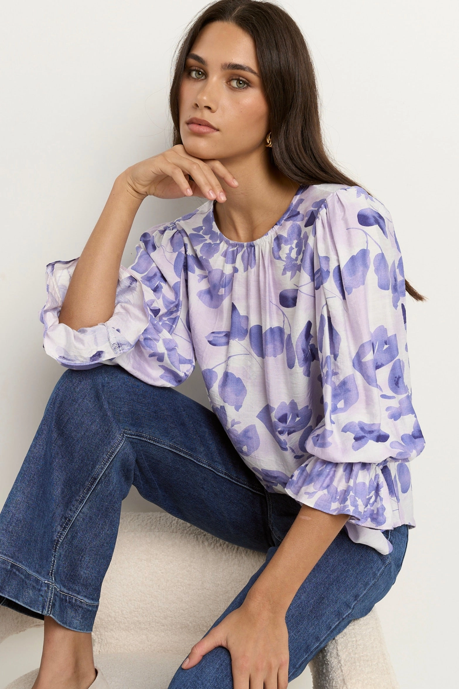 Candid Ivory Blue Floral Frill Sleeve Crew Neck SS Top DualLayer Weave