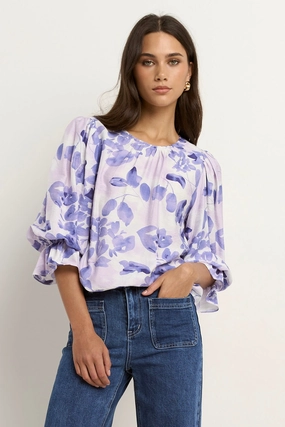 Recycled Polyester Fabric DoubleLayered Candid Ivory Blue Floral Frill Sleeve Crew Neck SS Top