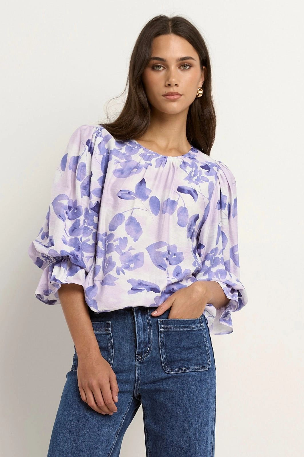 Recycled Polyester Fabric DoubleLayered Candid Ivory Blue Floral Frill Sleeve Crew Neck SS Top