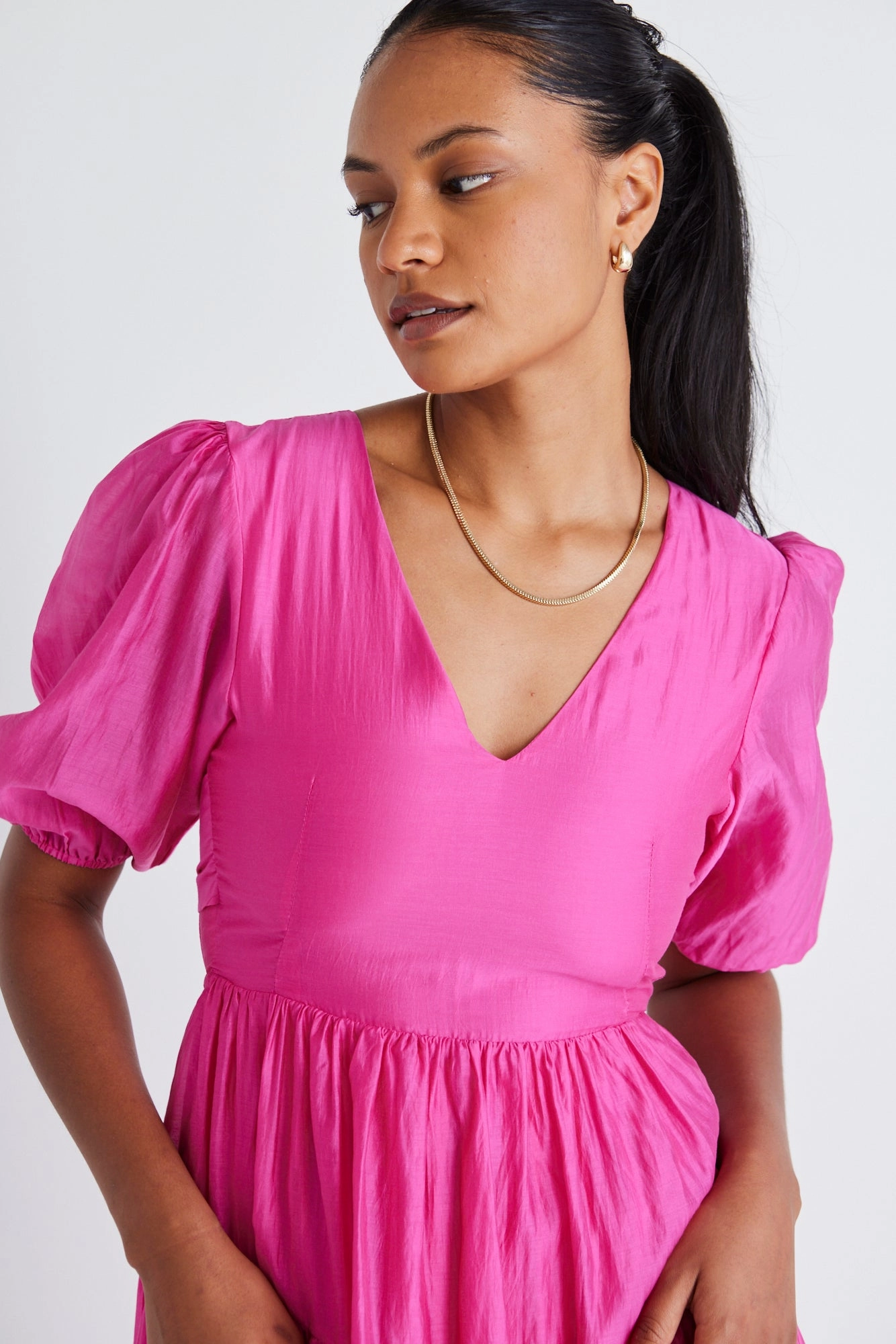 Easy Elegance Musical Hot Pink Tie Back Puff Sleeve Maxi Dress