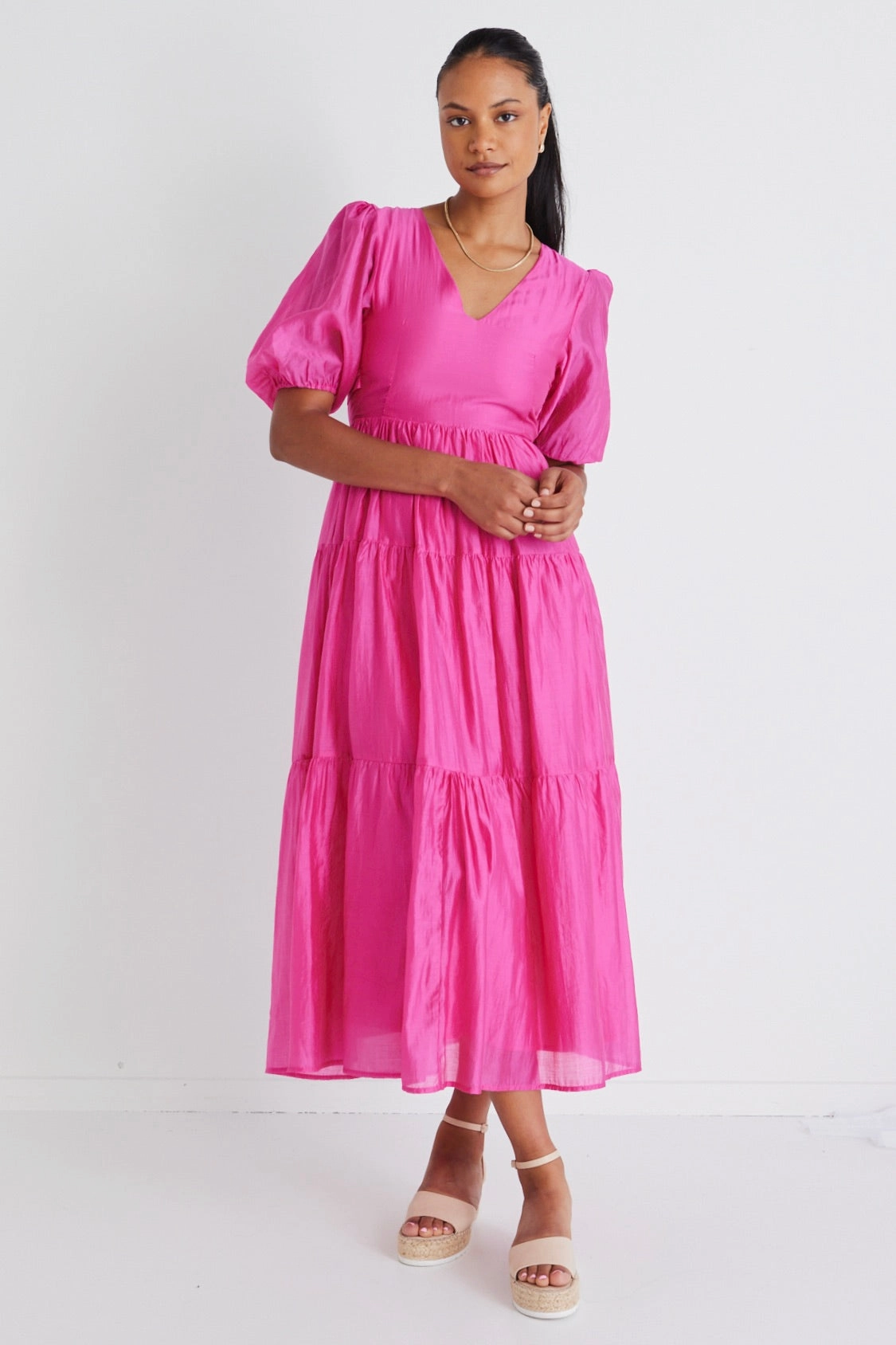 Musical Hot Pink Tie Back Puff Sleeve Maxi Dress Church Scene Silk-Blend