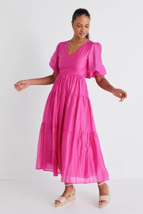Flattering Design Wear Mid Season Musical Hot Pink Tie Back Puff Sleeve Maxi Dress