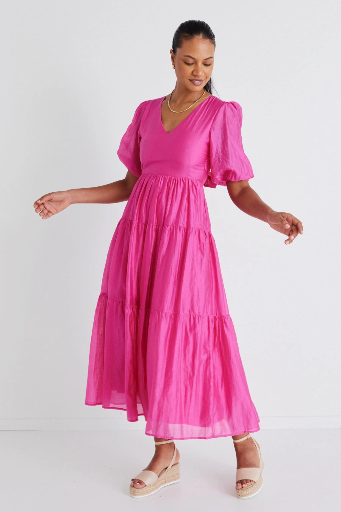 Flattering Design Wear Mid Season Musical Hot Pink Tie Back Puff Sleeve Maxi Dress