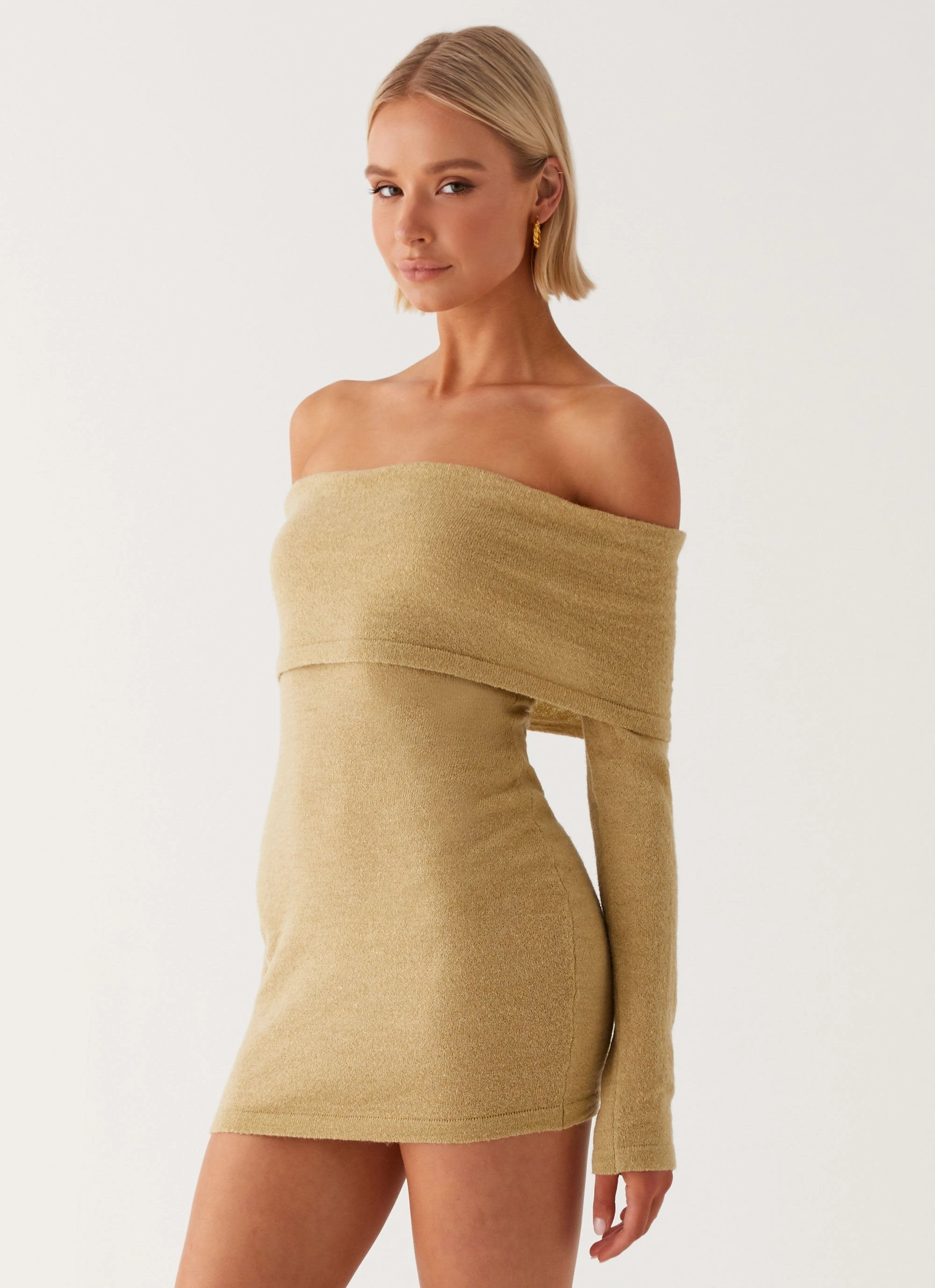 Dual Tones Dropped-Waist Myla Off Shoulder Mini Dress - Camel