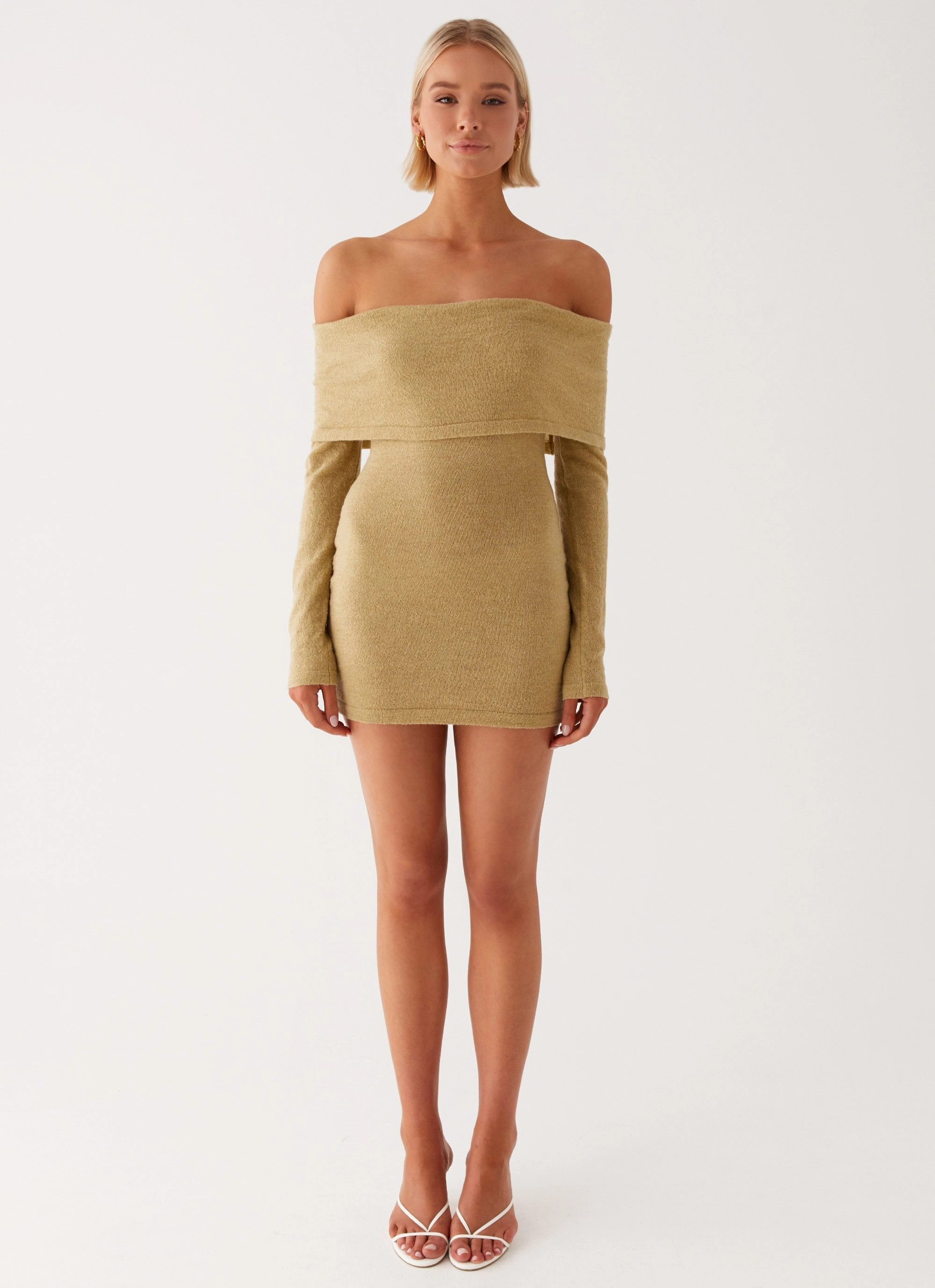 Myla Off Shoulder Mini Dress - Camel Slit-Hem Office Classic