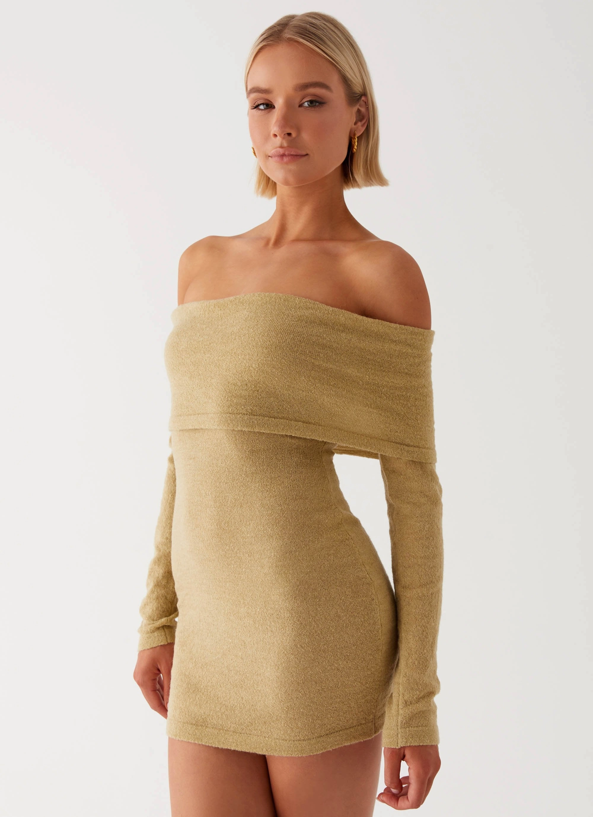 Satin Glow breathable-mesh Myla Off Shoulder Mini Dress - Camel
