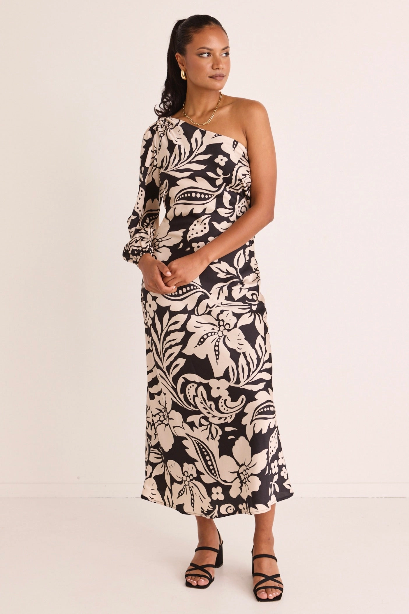 Mythical Black Baroque One Shoulder LS Midi Dress Snag-Resistant