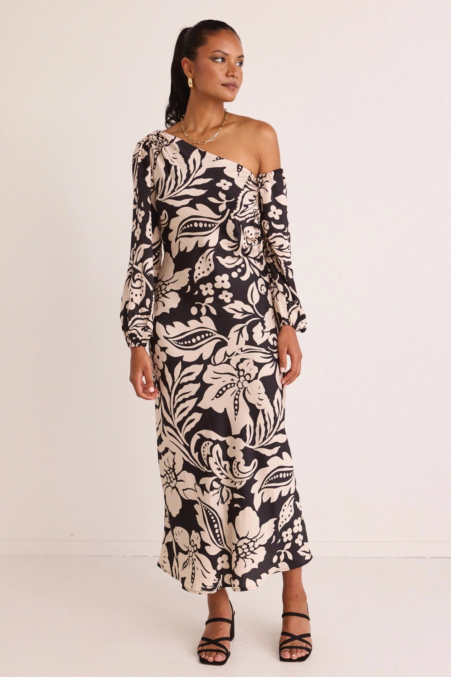 Bright Appeal Mythical Black Baroque One Shoulder LS Midi Dress