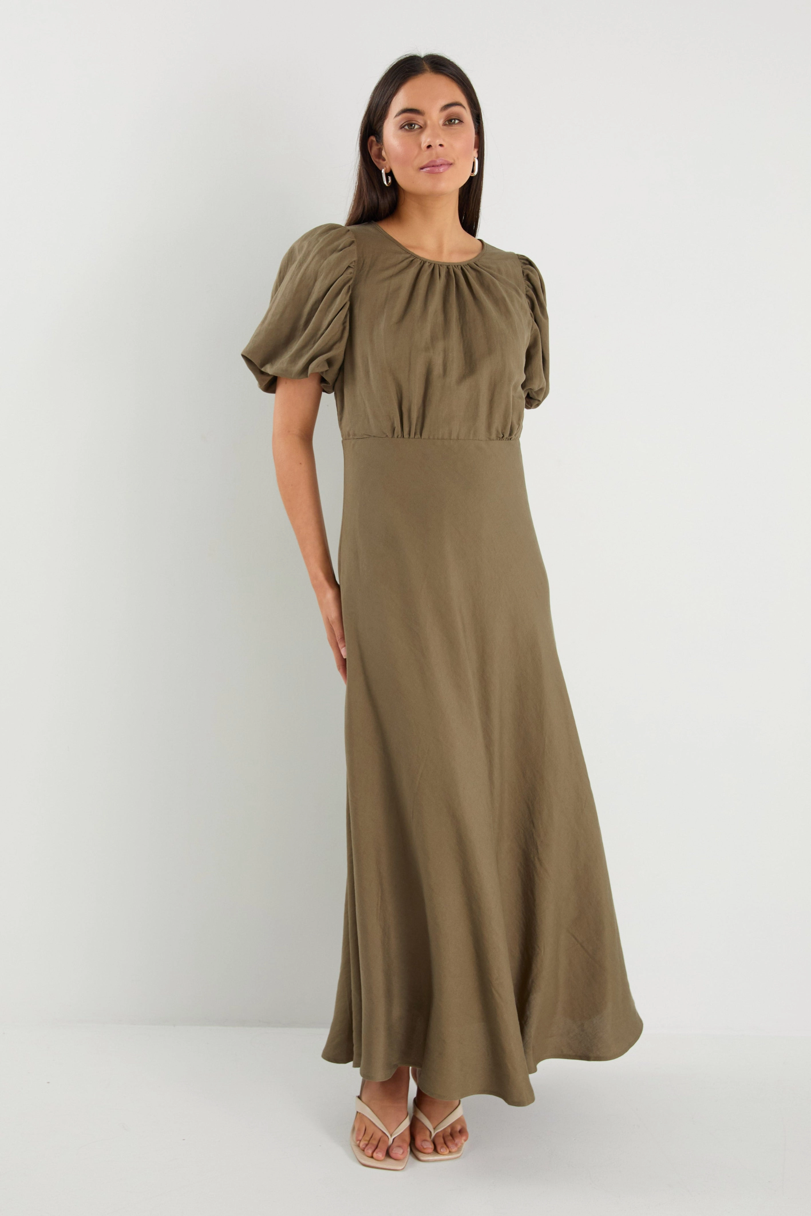 Stage Khaki Linen Blend Puff Sleeve Floaty Maxi Dress Grace Walk Chilly Weather Comfort