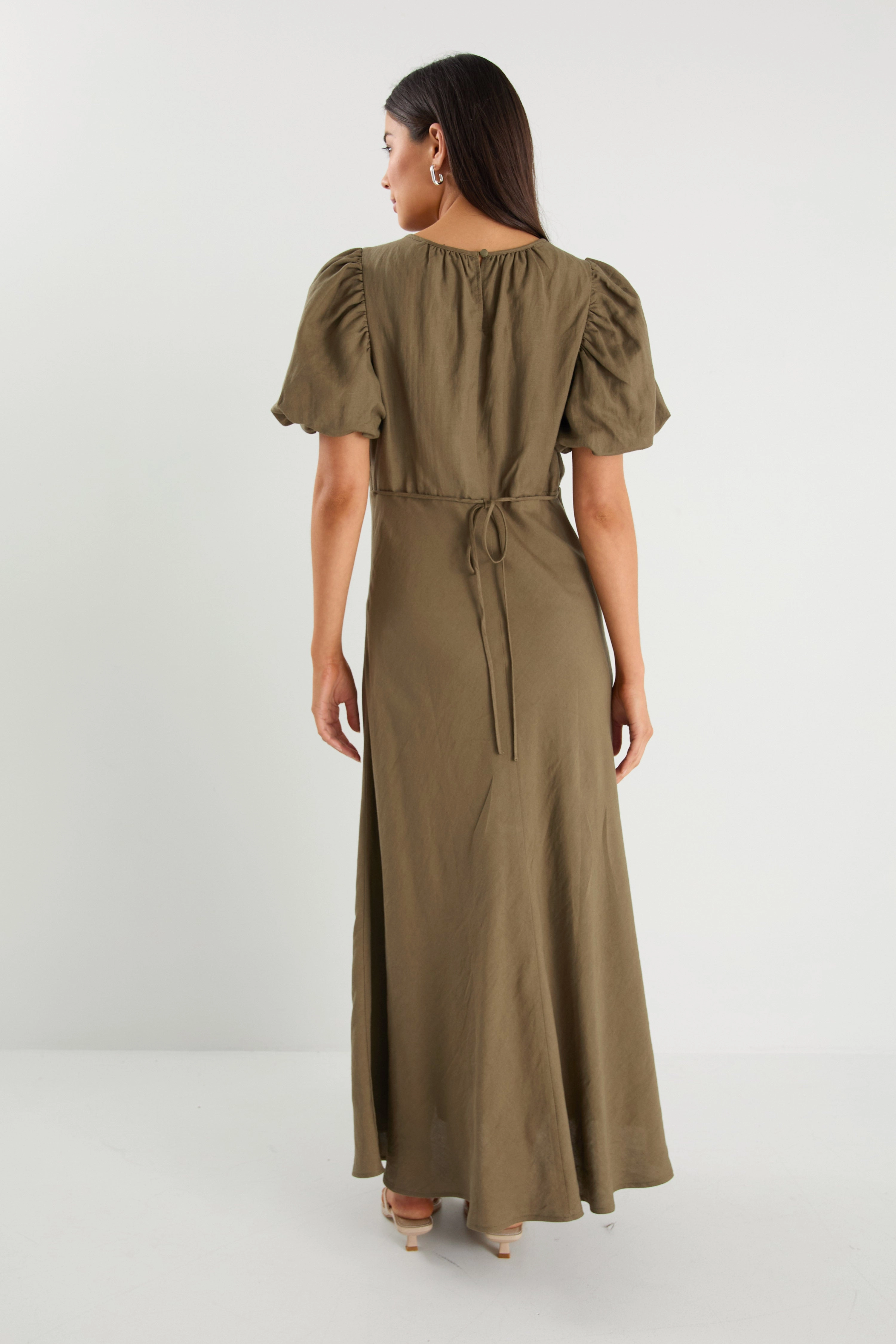 Cozy Drape Flap-Detail Stage Khaki Linen Blend Puff Sleeve Floaty Maxi Dress