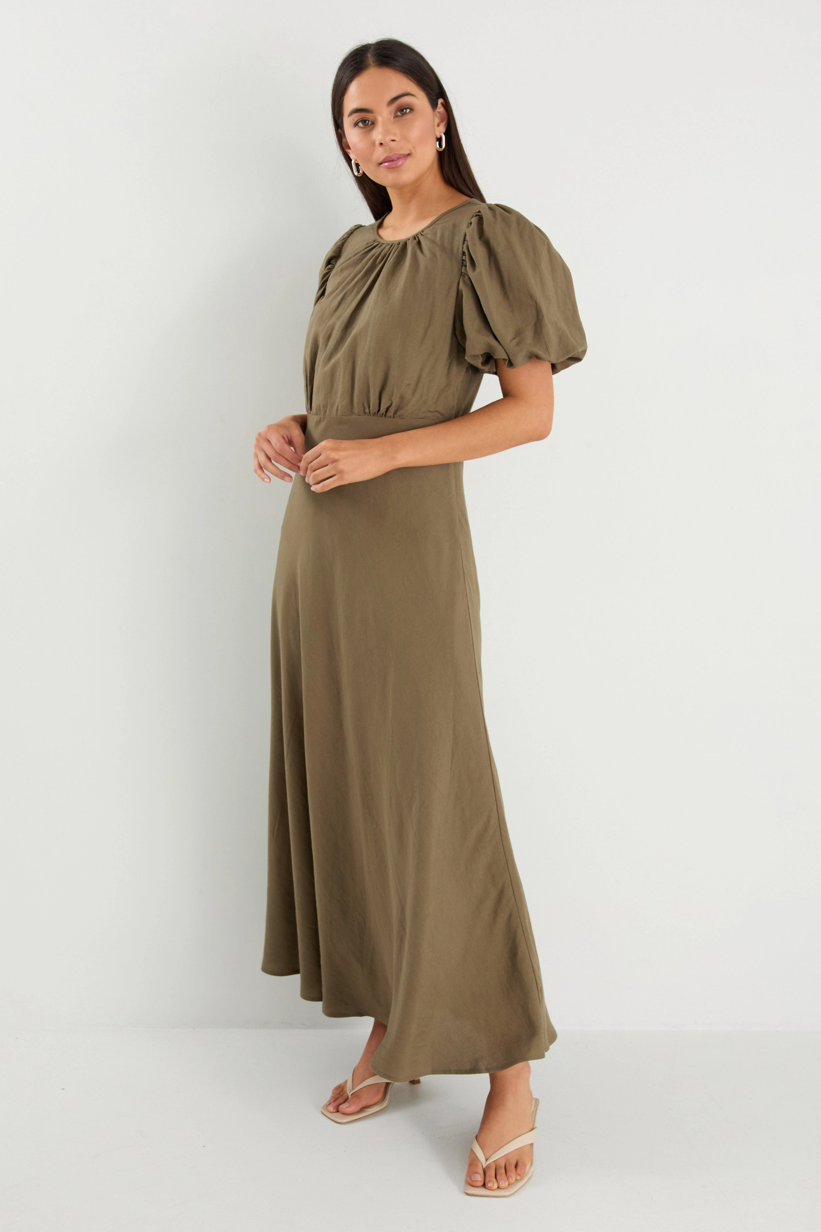 Stage Khaki Linen Blend Puff Sleeve Floaty Maxi Dress Cool Simplicity Classic Flow