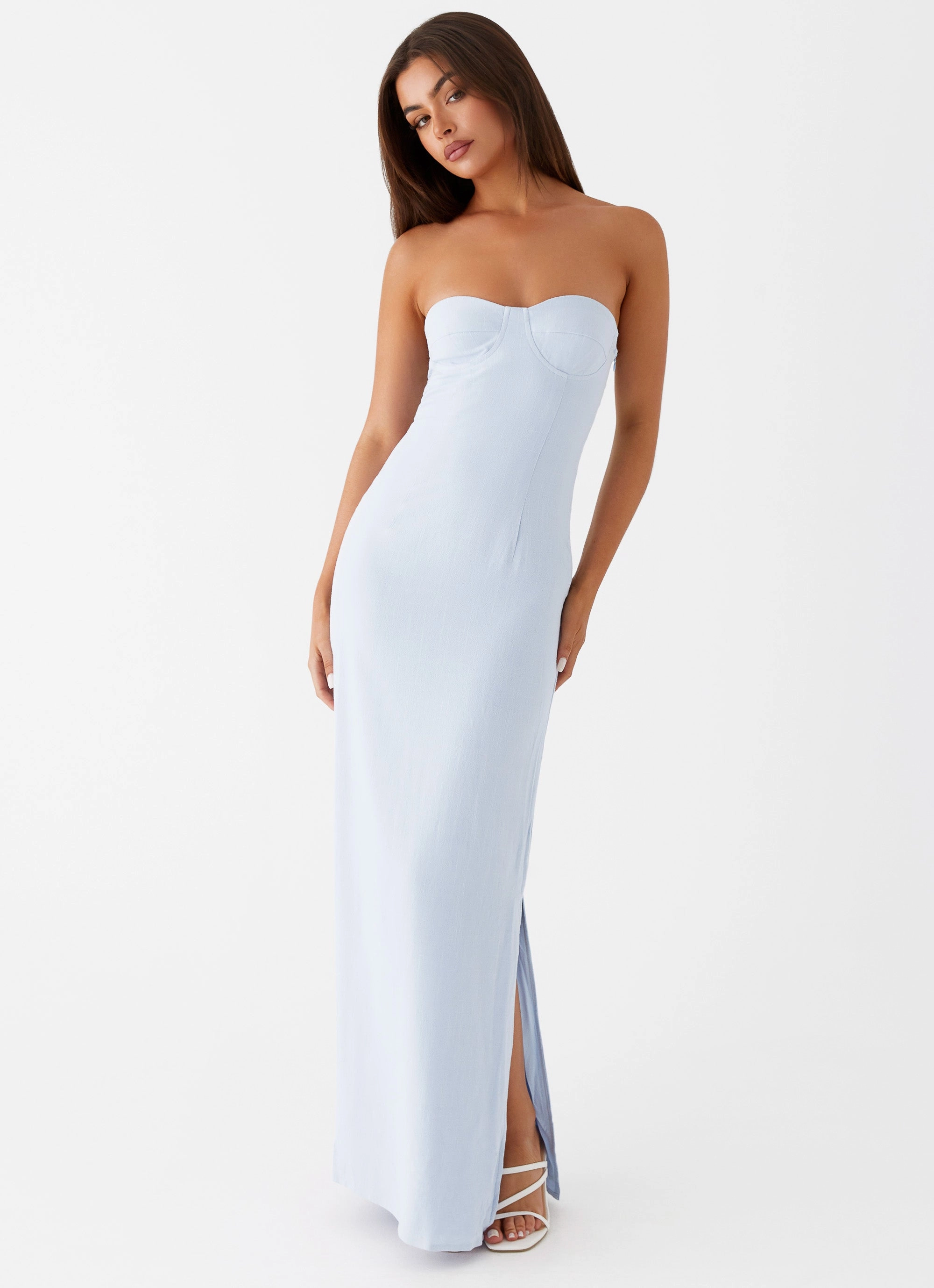 Seamless-Look Profile Enhancer Esra Linen Strapless Maxi Dress - Blue