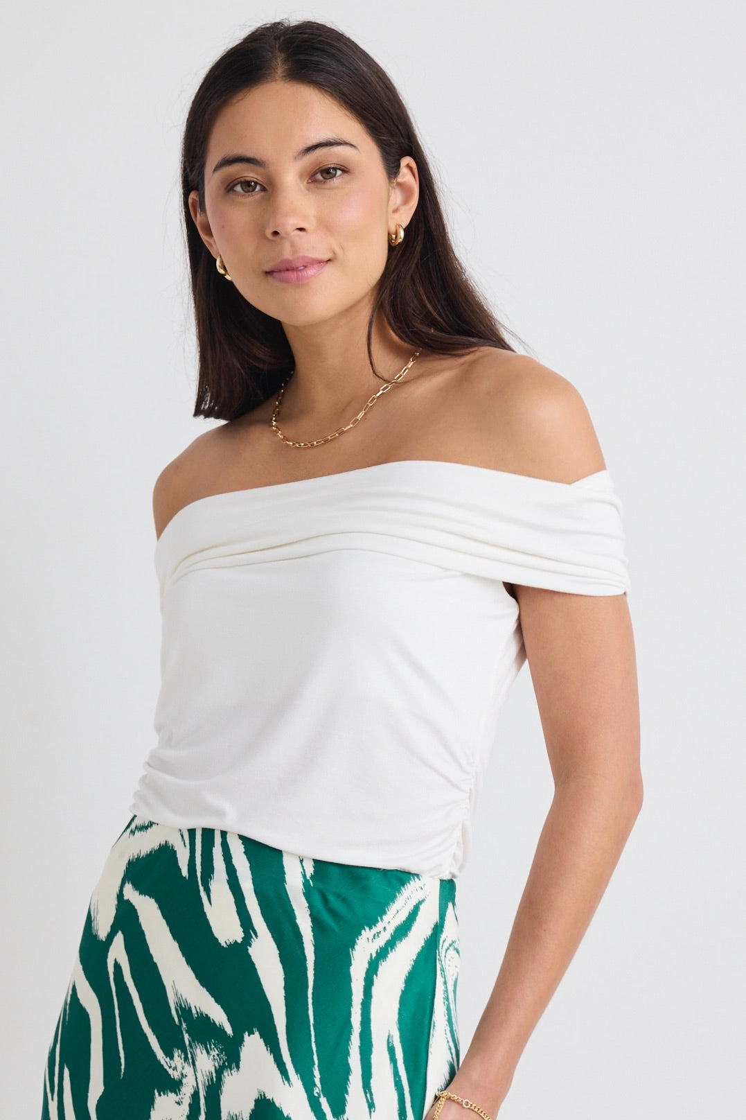 Nightlife Ivory Stretch Off Shoulder Top Double Layered Hood Assembly TonalStitching